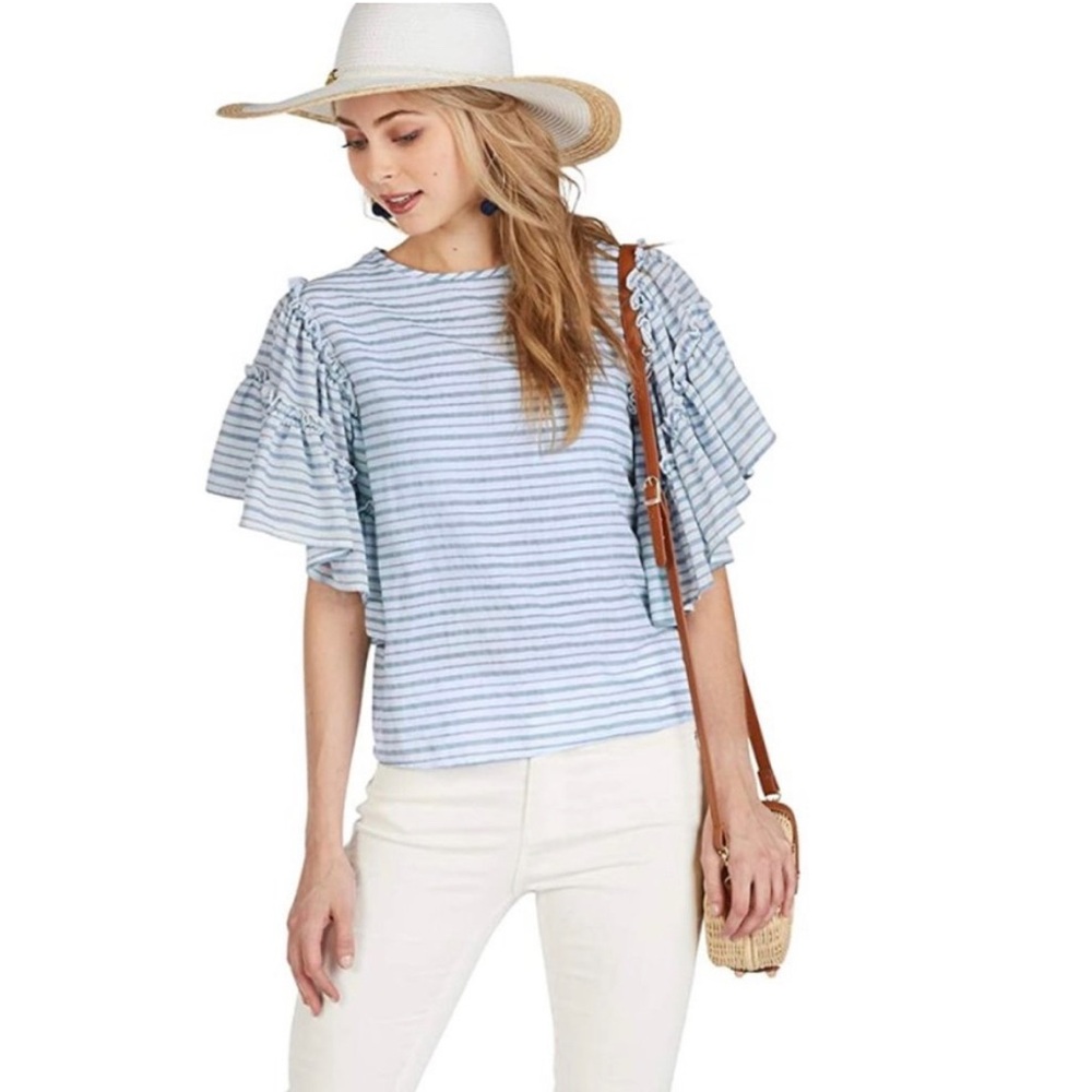 NWOT $62 MUD PIE Culver Ruffle Top Blue Striped Coastal Summer Casual Womens Lg